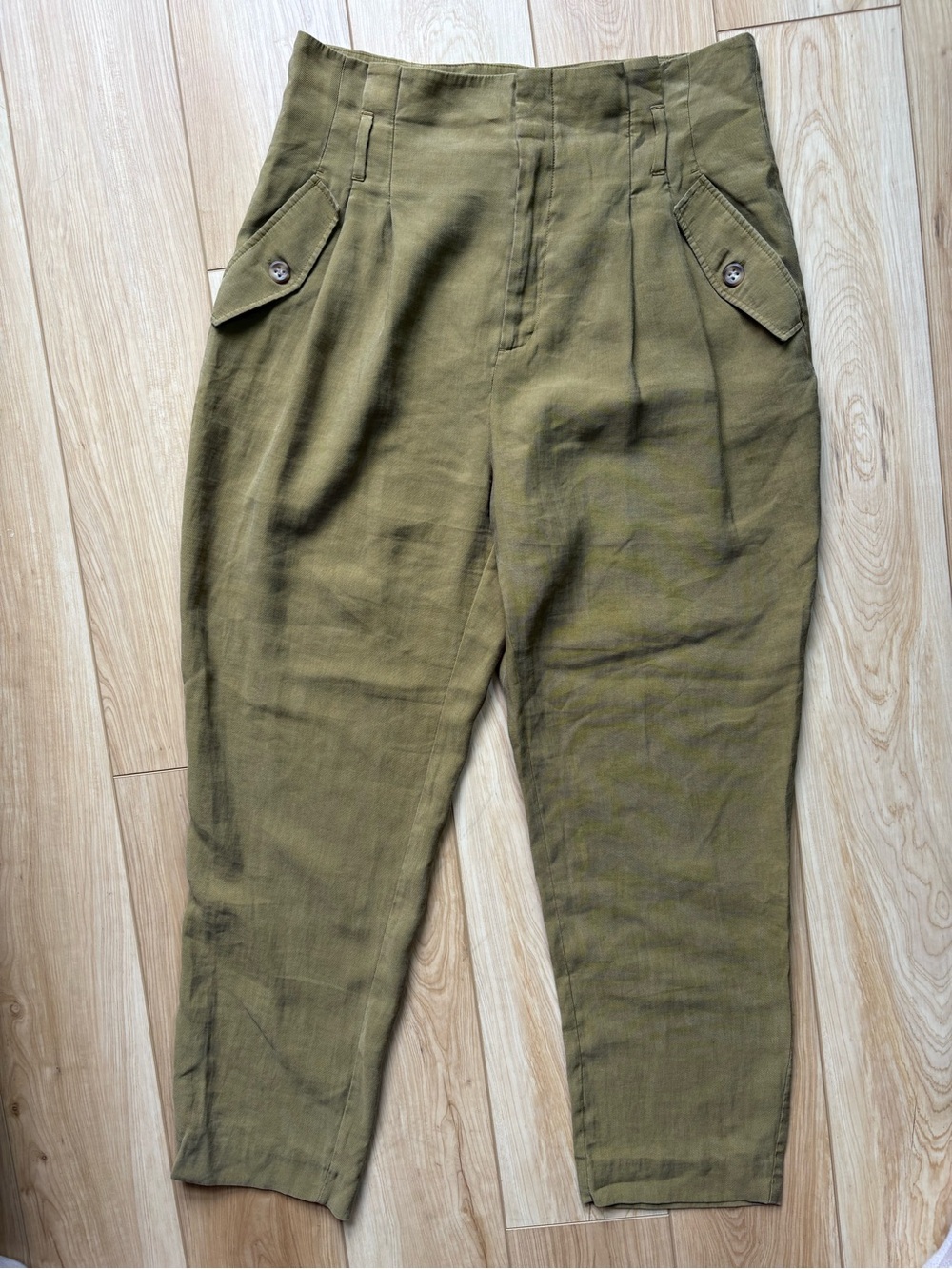 Khaki Green High Waist Baggy Utility Trousers Soft Drape Neutral